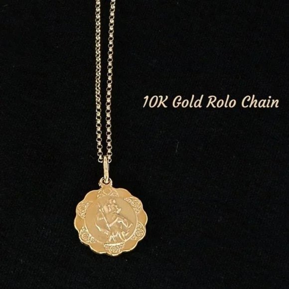 Genuine 10K Gold Saint Christopher Pendant Necklace Gold Rolo Chain Stamped 10K